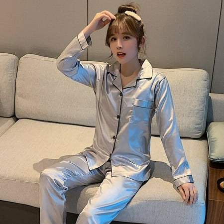 

QWZNDZGR Spring Summer Pajama Sets Satin Sleepwear Couple Long Button-Down Pyjamas Home Clothes Suits Pijama Men Women Loungewear Pjs