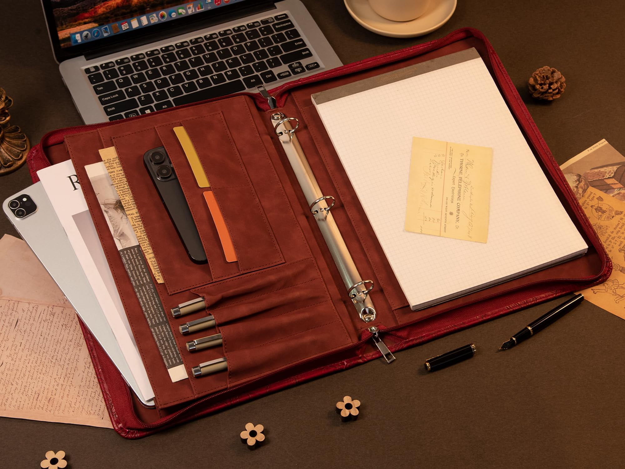 Leather Padfolio for Women,Zippered Padfolio with 3 Ring Binder,Business Portfolio Organizer for Women with A4 Writing Pad Holder, Document Organizer for Meeting/Interview