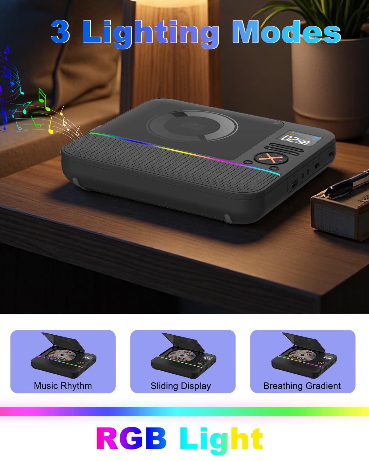 Portable CD Player with Bluetooth ,Desktop Boombox Portable CD Player Bluetooth CD Player with Speakers FM Radio & RGB Light, LED Screen for Home Support Wireless Headphones USB/AUX Headphone Jack