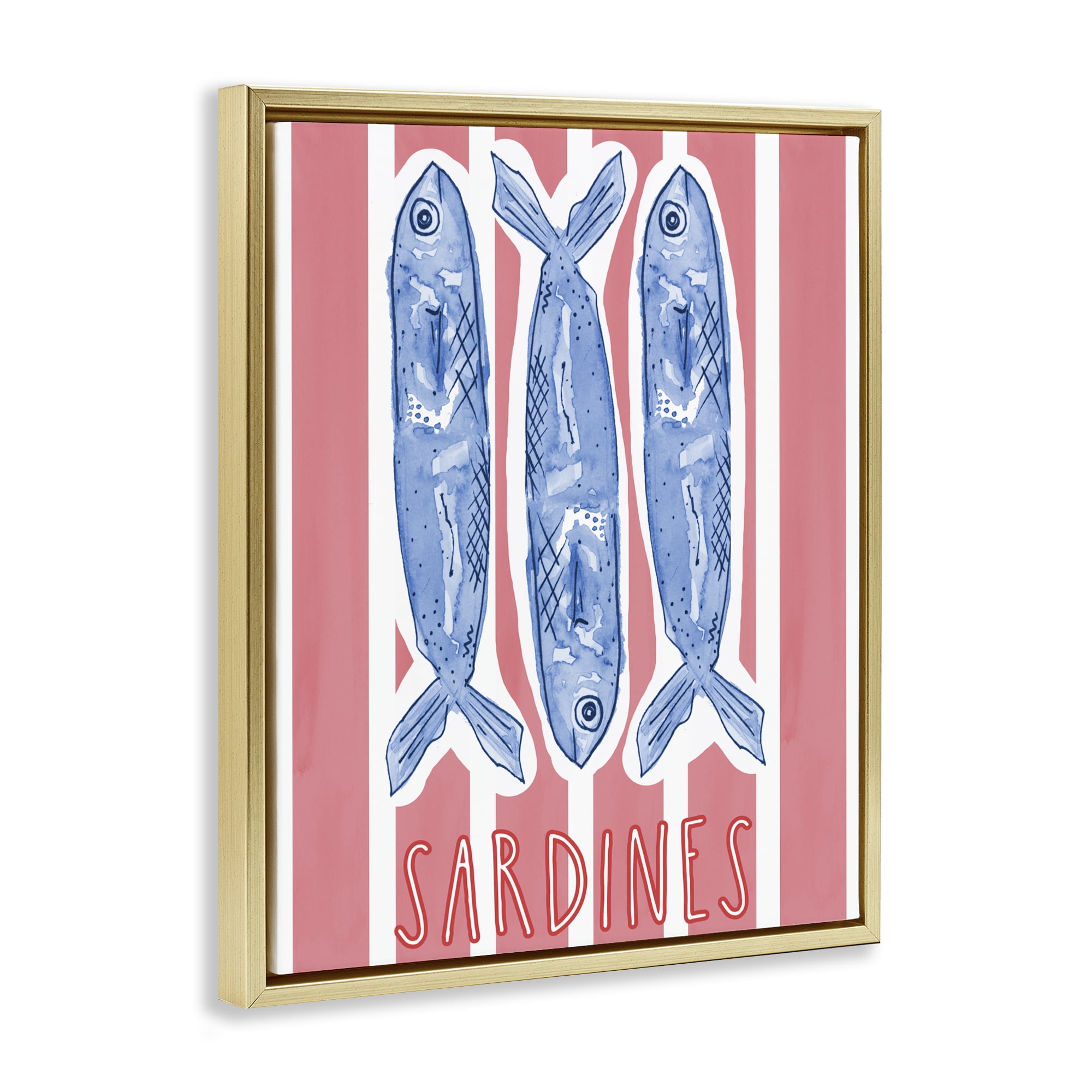 Stupell Industries Americana Sardines on Pink Stripes Gold Framed Floater Canvas Wall Art, design by Nola James