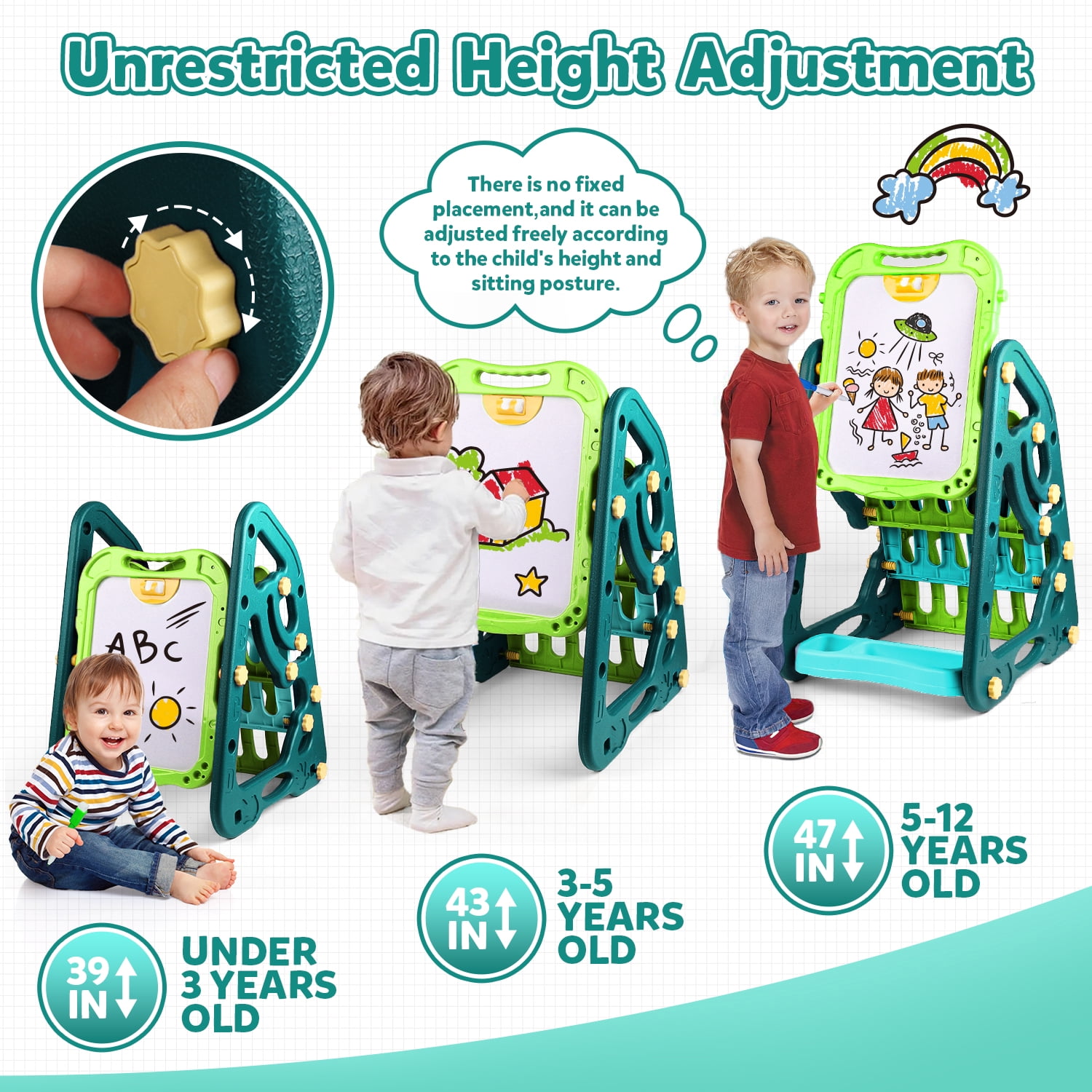 UUSUOO Easel for Kids,Double Sided Art Easel with Magnetic White Board & Chalk Board,Adjustable Standing Kids Easel with Painting Accessories,Christmas Gift for Boys Girls Age 2-6,Green