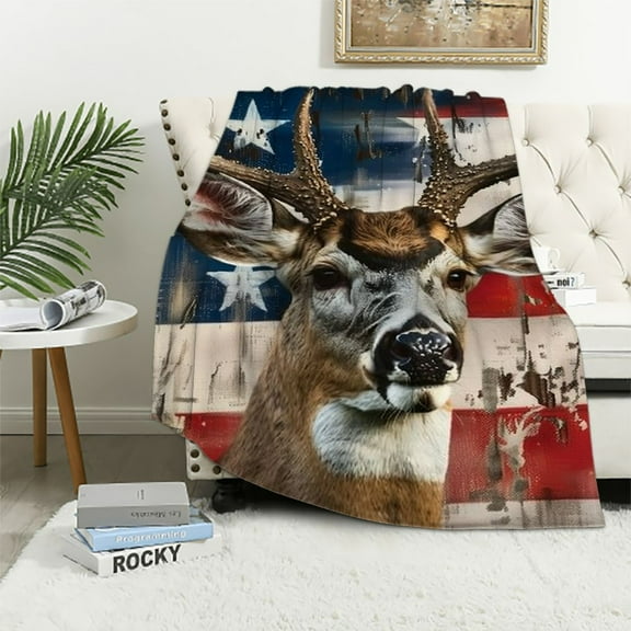 Shiartex   Blanket US Flag with Deer Forest Soft Warm Print Throw Blanket Adults Gift Sofa Chair Bed Office White