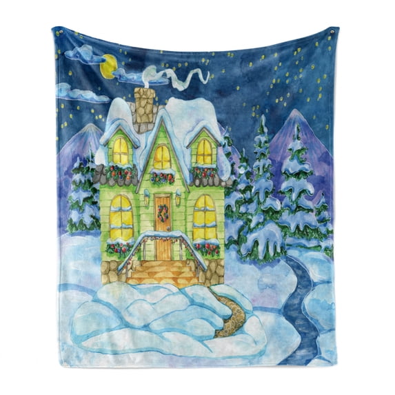 Winter Soft Flannel Fleece Throw Blanket, Christmas House Covered in Snow Along Moon Sky Village Pine Trees Merry Landscape, Cozy Plush for Indoor and Outdoor Use, 70" x 90", Multicolor, by Ambesonne