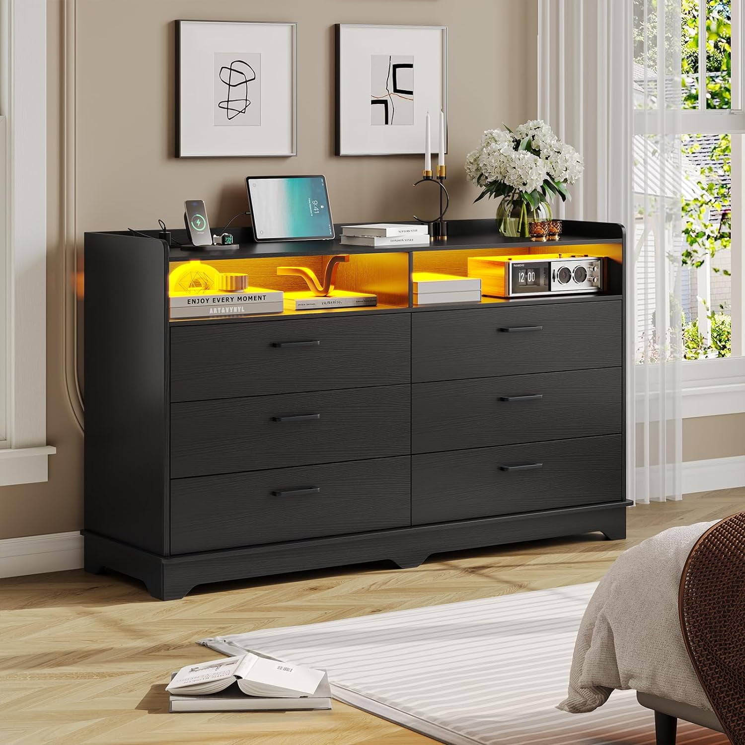 Wide 6-Drawer Dresser with Open Shelf, Modern Large Storage Chest