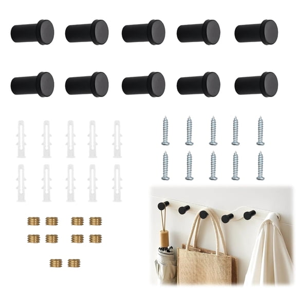 QUTETN 10-Pack Cylinder Wall Hooks - Modern Screw-in Coat Hooks for Bathroom, Bedroom & Entryway,Black, Silver, Gold Finish, Sturdy Towel & Bag Hangers