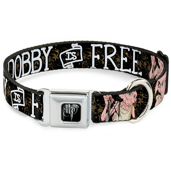 Warner Bros. Pet Collar, Dog Collar Metal Seatbelt Buckle, Dobby Is Free 3 Dobby Poses Star Swirls Black Gold White, 9.5 to 13 Inches 1.0 Inch Wide
