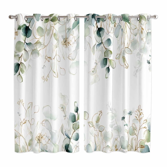 Eucalyptus Leaves Kitchen Curtains 84 Inch Length, Watercolor Sage Green Golden Floral Grommet Top Bedroom Living Room Curtains, Light Filtering Cafe Curtain Drapes 2 Panels Set 104''x84''