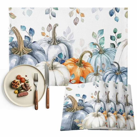 Fall Thanksgiving Placemats Set of 4, Orange White Blue Pumpkin Eucalyptus Leaf Table Mats Washable Heat-Insulation Non-Slip Place Mats for Kitchen Dinner Table Indoor Outdoor Decor,13x19 Inch