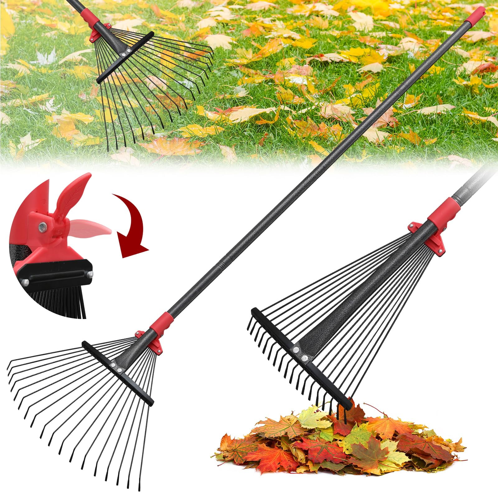 91inch Adjustable Metal Leaf Rake 18 Tines Heavy Duty Leaves For Lawns With 8-18 Expandable Head Long Handle Garden Rakes Women Yard Gardening Grass Outdoor Camping Debris