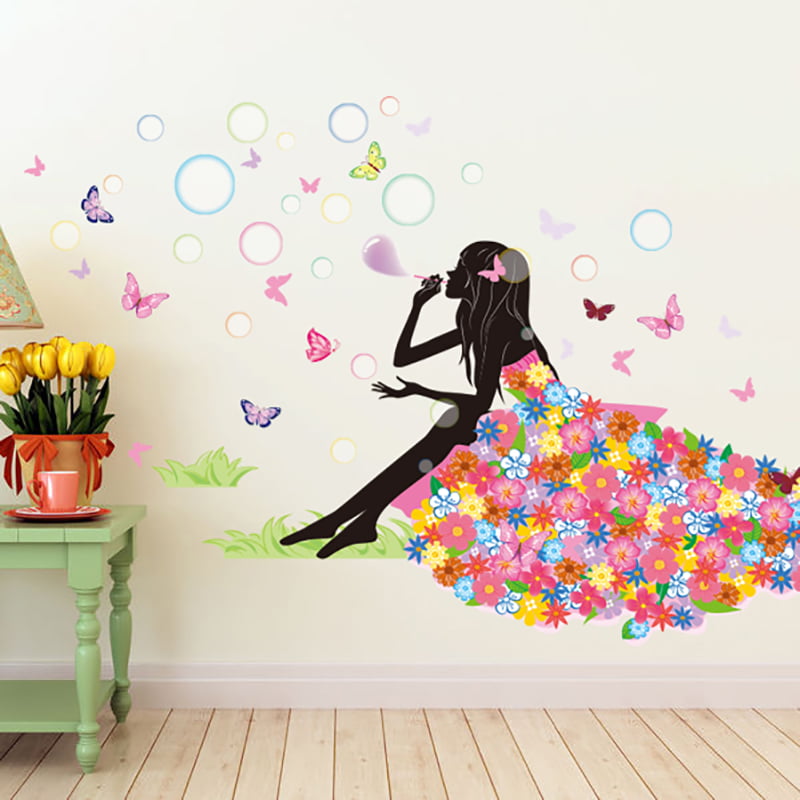 Charming Flower Fairy Swing Wall Stickers for Kids Room Wall Decor Bedroom Livin
