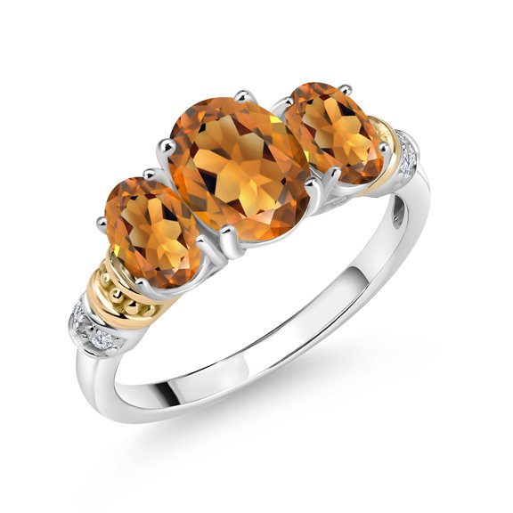 Gem Stone King 925 Sterling Silver and 10K Yellow Gold Oval Orange Red Madeira Citrine and White Diamond 3 Stone Ring for Women (1.93 Cttw, Gemstone Birthstone, Size 8)