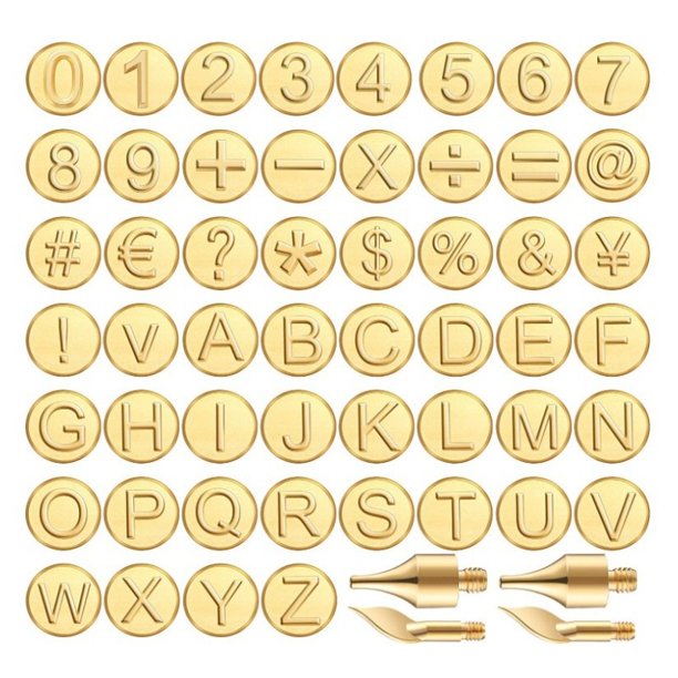 Juego de 56 piezas de puntas para quemar madera con letras, incluye símbolo de número del alfabeto para grabado artesanal en quemador de madera