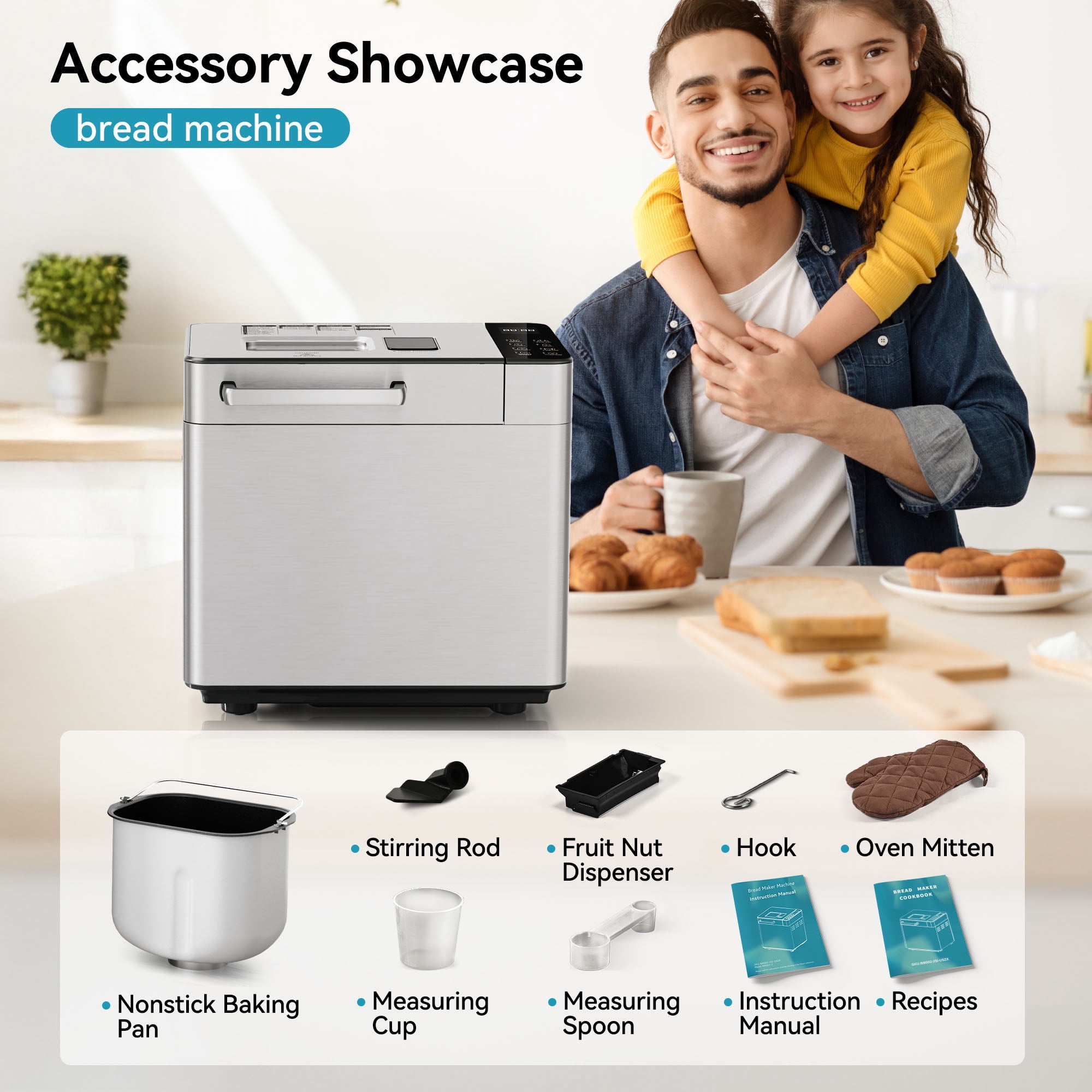 Simzlife 2 Lb Automatic Bread Maker, 25 Programs, Gluten-Free Setting, Viewing Window, Quiet Motor, Stainless Steel