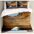 thumbnail image 1 of Cave Queen Size Duvet Cover Set, Sea Cave of Benagil in Algarve Portugal Idyllic Sandy Rocky Landscape, Decorative 3 Piece Bedding Set with 2 Pillow Shams, Sand Brown Pale Blue Umber, by Ambesonne, 1 of 3