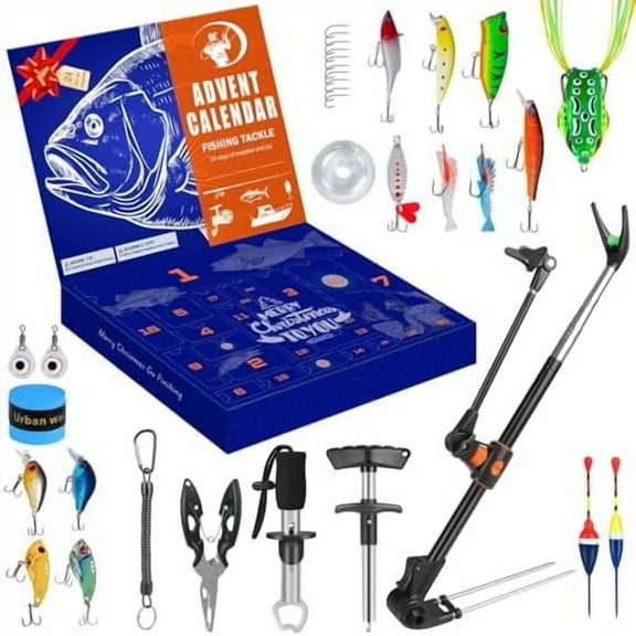 Fishing Advent Calendar 2025 for Men, 24-Day Fishing Tackle Advent Calendar with Fishing Rod Holder, Fish Lip Gripper, Hook Tier, Christmas Count-Down Calendar for Father, Husband, or Boyfriend