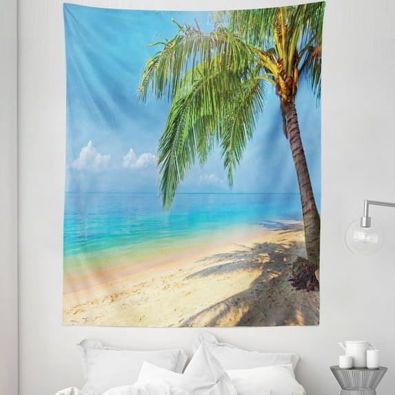 Landscape Tapestry, Tropic Botanic Image with Coconut Palms near Ocean Sea Beach Photo, Fabric Wall Hanging Decor for Bedroom Living Room Dorm, 5 Sizes, Sky Blue Cream, by Ambesonne