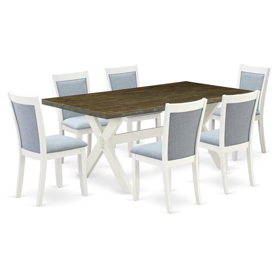 East West Furniture X-Style 7-Piece Wood Dining Set in Blue/Jacobean/White