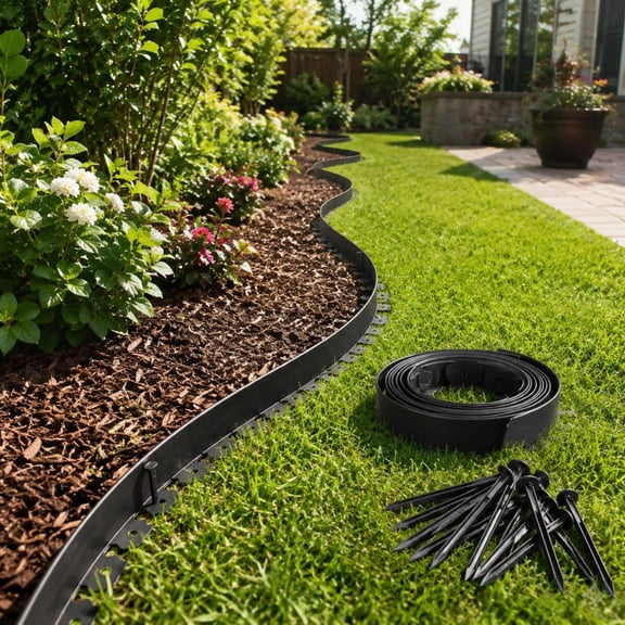 Garden Border Edging, 20 Ft X 2 In, Flexible No-Dig Plastic Lawn Edging, 120 Spikes, UV-Resistant PE, Black