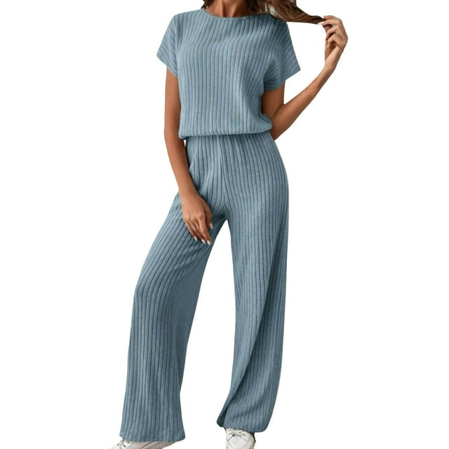 Kcodviy Women's Two Piece Knit Plus Size Pant Suits Matching Outfits Crew Neck formal Suits for Slit Hem Tee and Plus Size Pant Suits for Women Business Pants Tracksuit Sets Features: