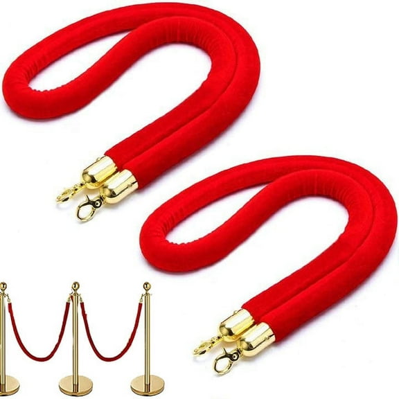 2 pcs Red Velvet Stanchion Rope, 5 Feet Crowd Control Safety Barriers with Polished Gold Hooks, Thick Stanchion Queue Barrier Rope for Carpet Events Movie Theaters Grand Openings