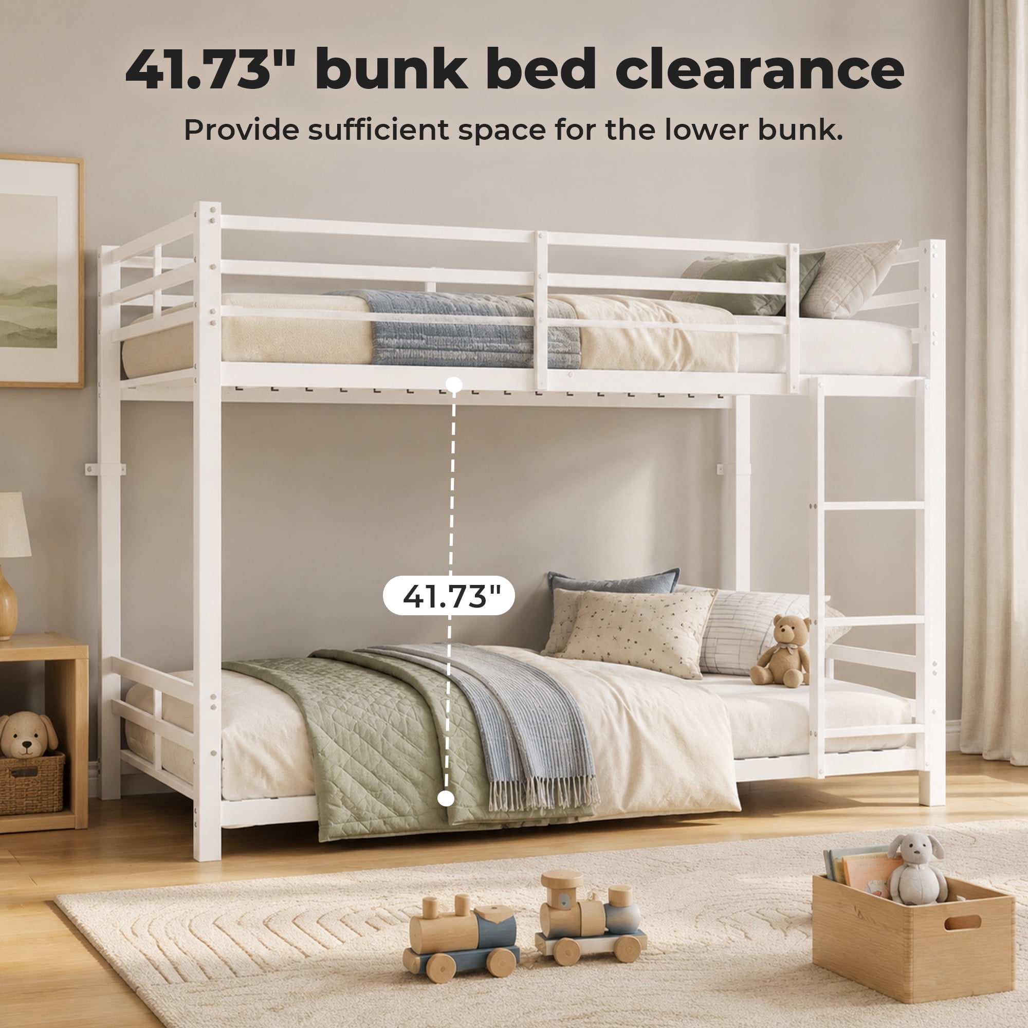 Alvantor Bunk Bed Twin over Twin, Metal Low Bunk Bed for Kids with Ladder and Anti-tip Bracket White