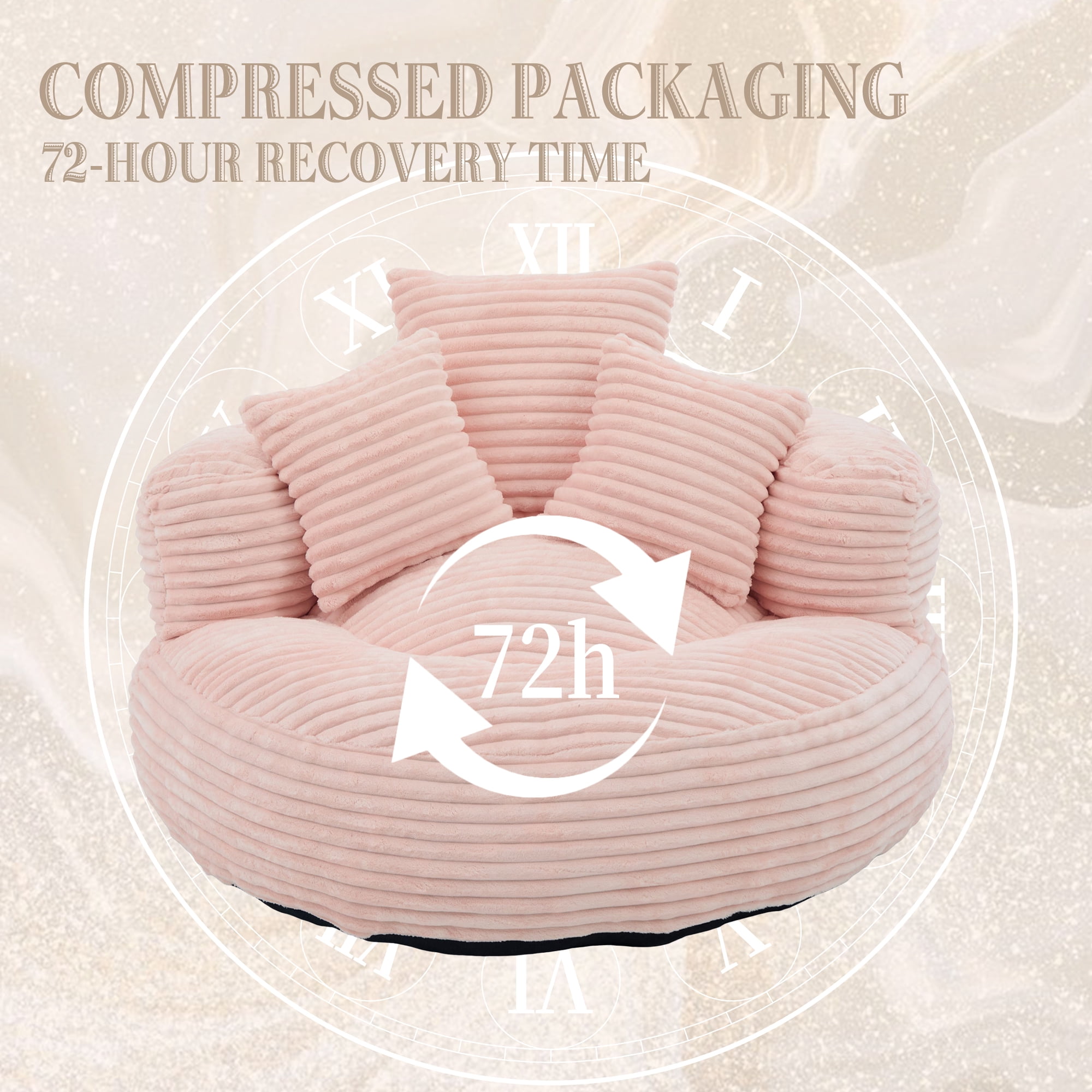 Aukfa 42.5"W Oversized Round Chaise Lounge Chair Indoor, Corduroy Floor Sofa with 3 Pillows, 550 lbs, Pink