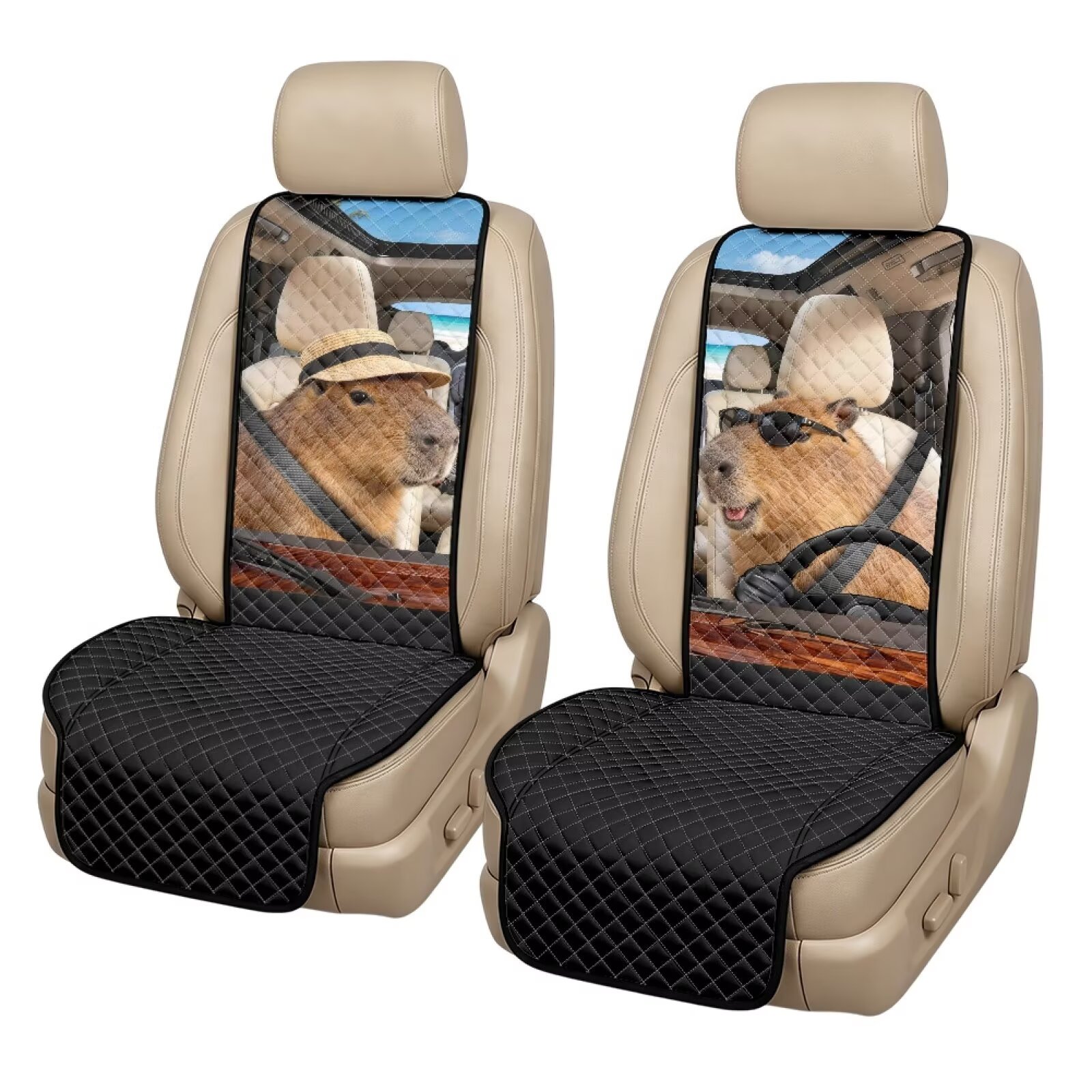 XYZCANDO Funny Capybara Driving Print Quilted Car Seat Covers 2 Pack Stain Resistant Non-Slip Front Seat Protectors Universal Fit for Most Cars Trucks SUVs