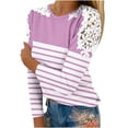 thumbnail image 1 of lcziwo Blouses à Manches Longues en Dentelle à Rayures Contrastées pour Femmes 2024 Automne Coupe Ample Tuniques Légères Hauts Tendance Décontractés à Col Rond Rose, 1 of 4