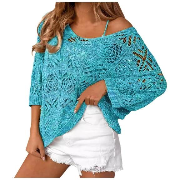 UJNDER Women Off Shoulder Tops Casual Three Quarter Sleeve Crochet Sweaters Lightweight Oversized Knit Blue M