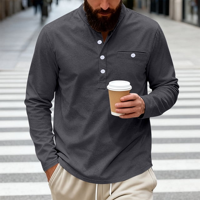 pstuiky Camisas de manga larga de invierno para hombre, Camisa informal de sarga de color liso con cuello alto y bolsillos abotonados para hombre Tops de hombre m