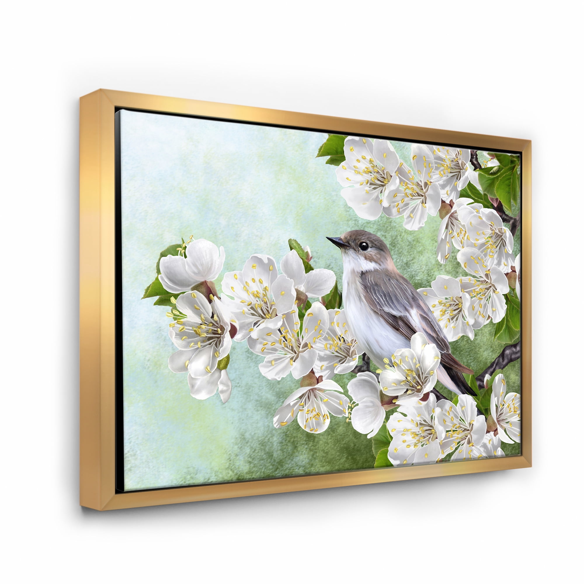 Gray Bird Sitting On A Branch of A Blossoming Tree 32 in x 16 in Framed Painting Canvas Art Print, by Designart