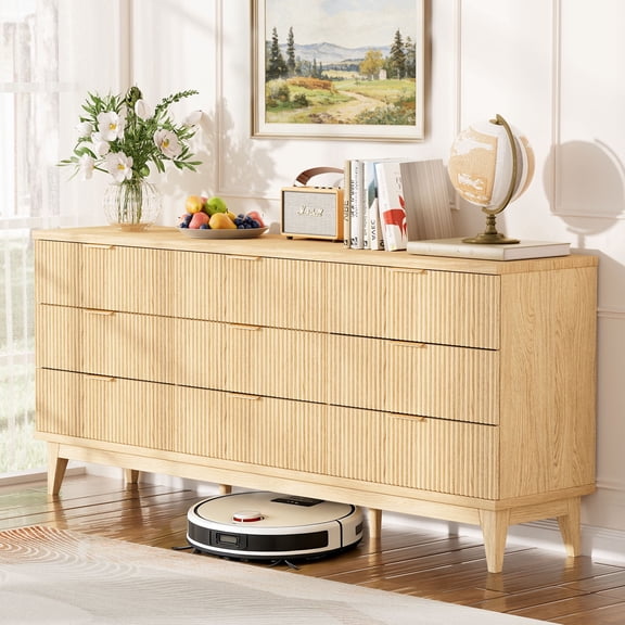 9-Drawer Fluted Oak Dresser, 56.7" Wide, Golden Handles, TV Stand