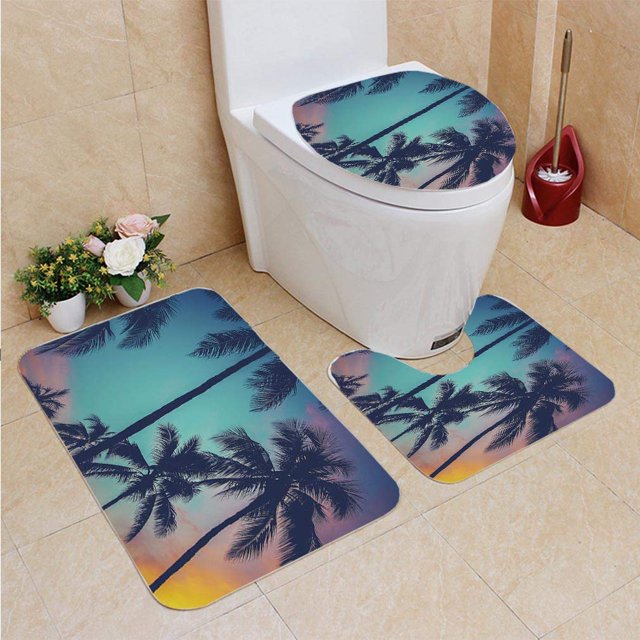 ABPHQTO Palmeras de Hawaii al atardecer Juego de alfombras de baño de 3 piezas Alfombra de baño Alfombra de contorno y tapa de inodoro ABPHQTO Cont-CHAPPLE-34887