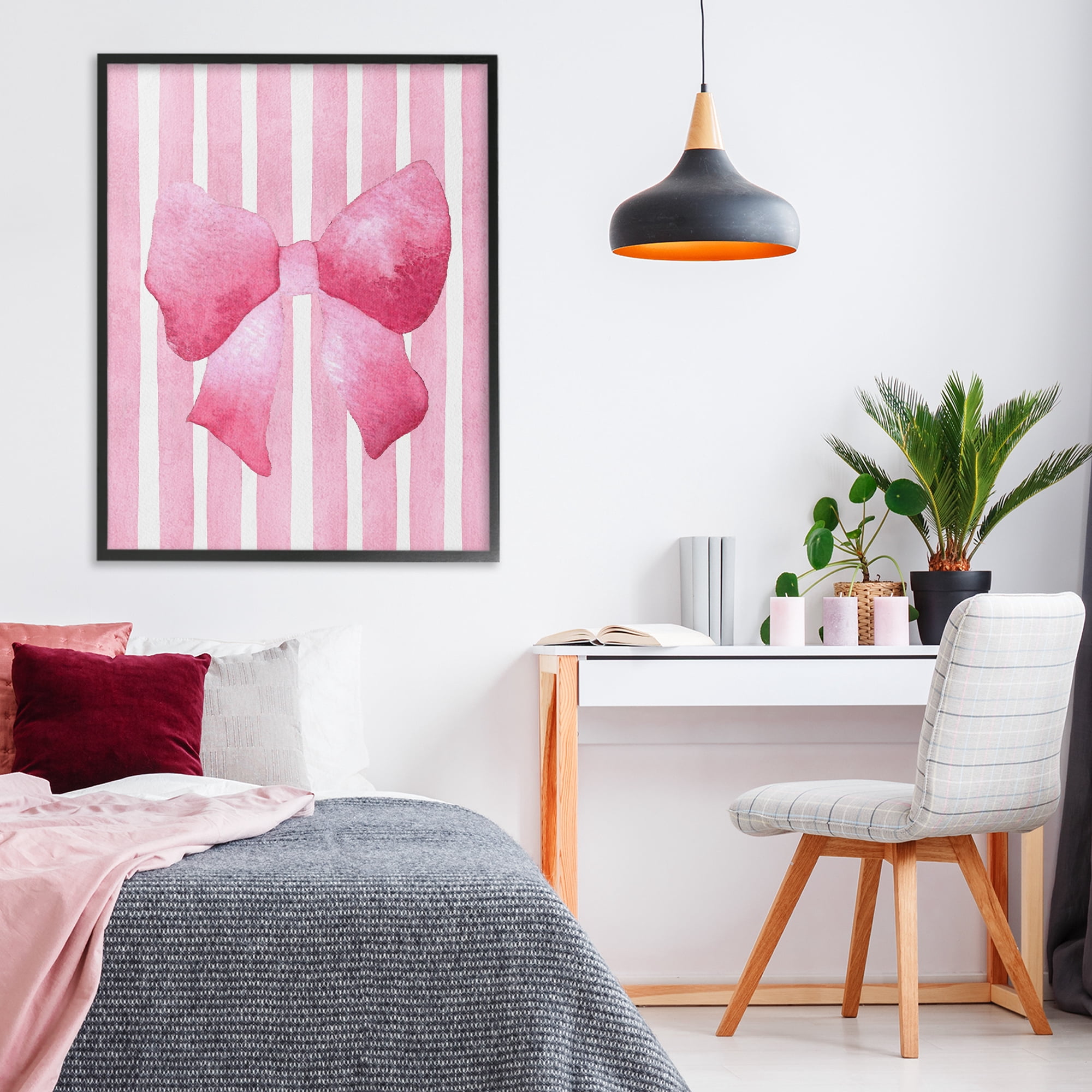 Stupell Industries Chic Bow on Pink Stripes Black Framed Giclee Art, design by Camila Juncos