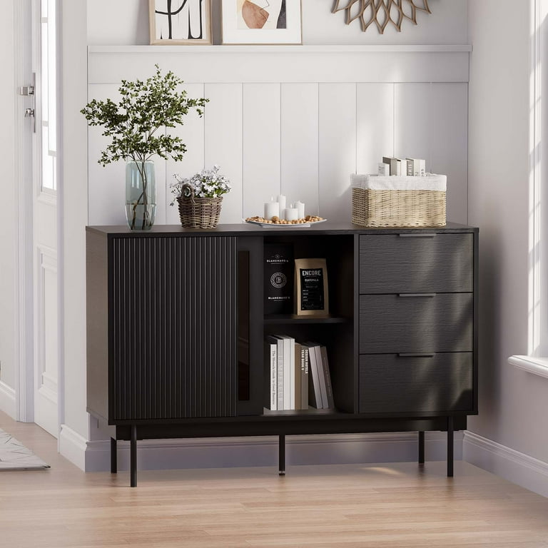 MEISSALIVVE Storage Cabinet 47 x 31.5 Buffet Cabinet with Storage Black Sideboard with 2 Sliding Doors 3 Drawers Wood Coffee Bar Entryway