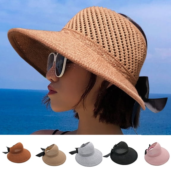 Foldable Wide Brim Straw Hat for Women, Summer Sun Visor Beach Hat with Bow, Packable Floppy Sun Hat for Vacation Travel, Dressy Holiday Style