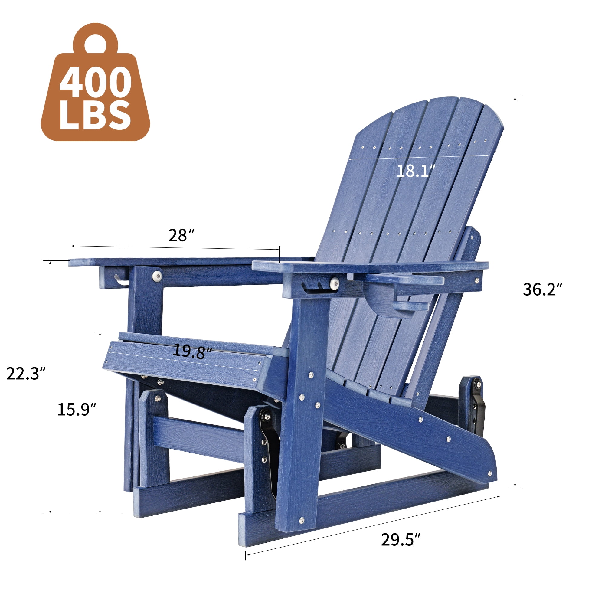 DEAUL HDPE Adirondack Outdoor Glider Chair, 3-Position Adjustable Backrest Patio Glider Rocker, All-Weather Heavy Duty Rocking Chair for Pool, Yard, Blue (1 PC)
