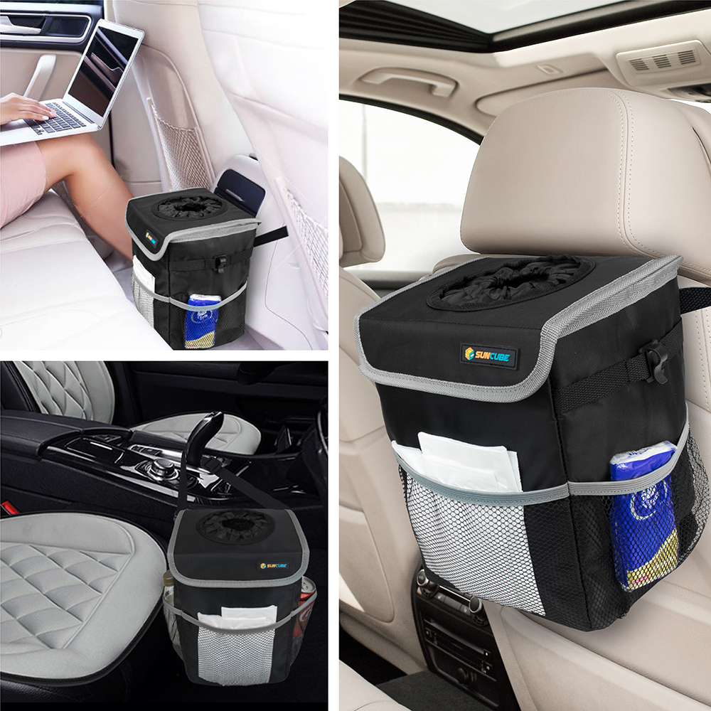 SUN CUBE WATERPROOF Car Trash Can with Lid, Mesh Pockets Leakproof Car  Garbage Can Hanging Auto Trash Bin, Garbage Bag Organizer for Headrest,  Console, Truck (Black/Gray)