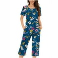 thumbnail image 2 of Summer Savings Clearance!Viikei Womens Plus Size Clearance $5,Women's Round Neck Short Sleeve Sleepshirt and Pants Sets Loungewear Pajamas with Pockets Dark Blue L, 2 of 5