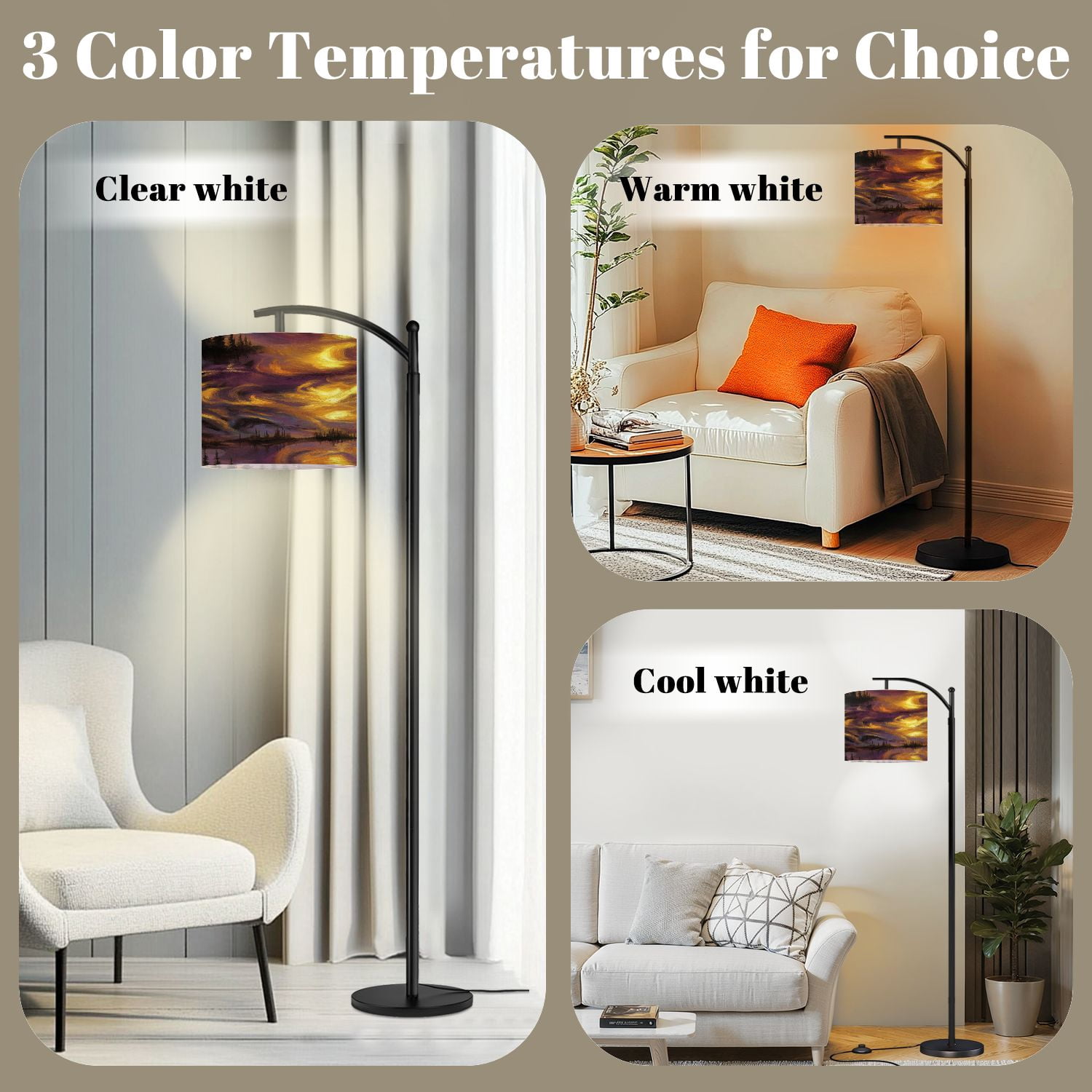 Arc Floor Lamp with Remote, Dimmable Bulb, Art Deco Arched Floor lamp Mystical Sunset Landscape Painting Rippling Lake Modern Standing Lamps with for Living Room, Bedroom, Office