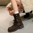 thumbnail image 3 of Riding Boots for Women Adjustable Button Fold Over Round Toe Stacked Heel Suede Fall Dress Booties Trendy Strappy Ankle Boots Brown 8.5, 3 of 7