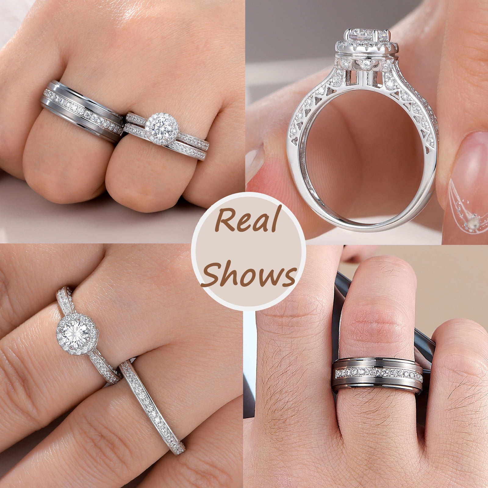 Newshe Wedding Rings Set for His and Hers Women Mens Tungsten Wedding Bands Round Cz 3Ct Couple Rings Size 9&7