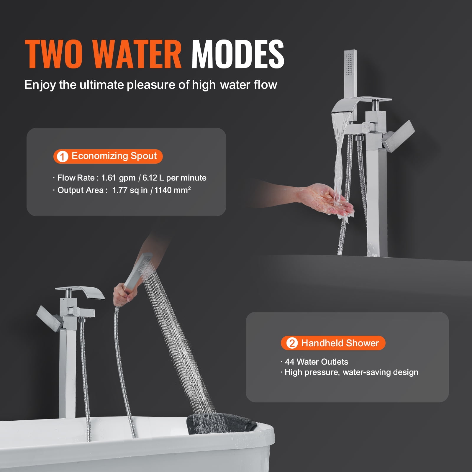 KFFKFF 360?? Freestanding Bathtub Two Water Modes Faucet Floor Standing