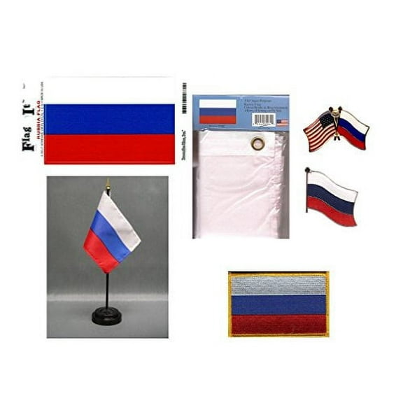 Russia Heritage Flag Pack - Includes a Russian 3x5' Flag, Vinyl Flag Decal, One Single & One Double Friendship Flag Lapel Pin, Miniature Desk Flag with Stand & One Iron-On Flag Patch