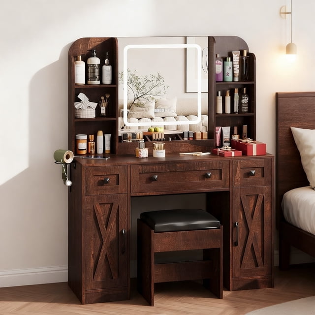 Vabches Grand Ensemble de Coiffeuse avec Lumières et Miroir, Table de Maquillage avec Tabouret et Grands Tiroirs de Rangement et Étagères, 3 Modes d'Éclairage Led Réglables