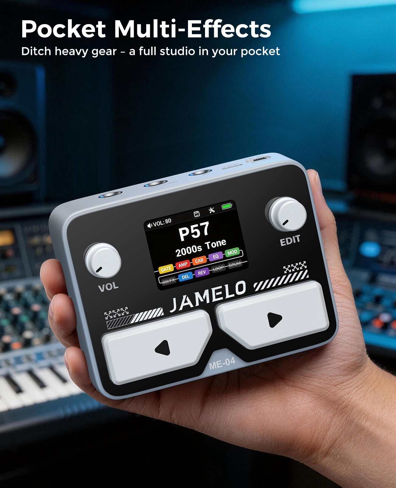 JAMELO Gray ME-04 MINI Pocket Multi-Effects Guitar Pedal with 10 Effects Modules 100 Drum Rhythms and 40-second Stereo Looper 99 Presets 40 Amp/Cab Processor OTG USB Audio Interfac