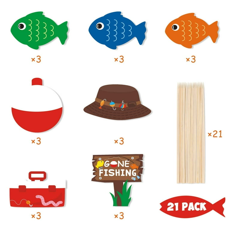 21 Pack Gone Fishing SE33 Theme Little Fisherman The Big One Party  Centerpiece Sticks Bobber Table Toppers Kids Fishes Reel Fun Birthday Ideas  Photo