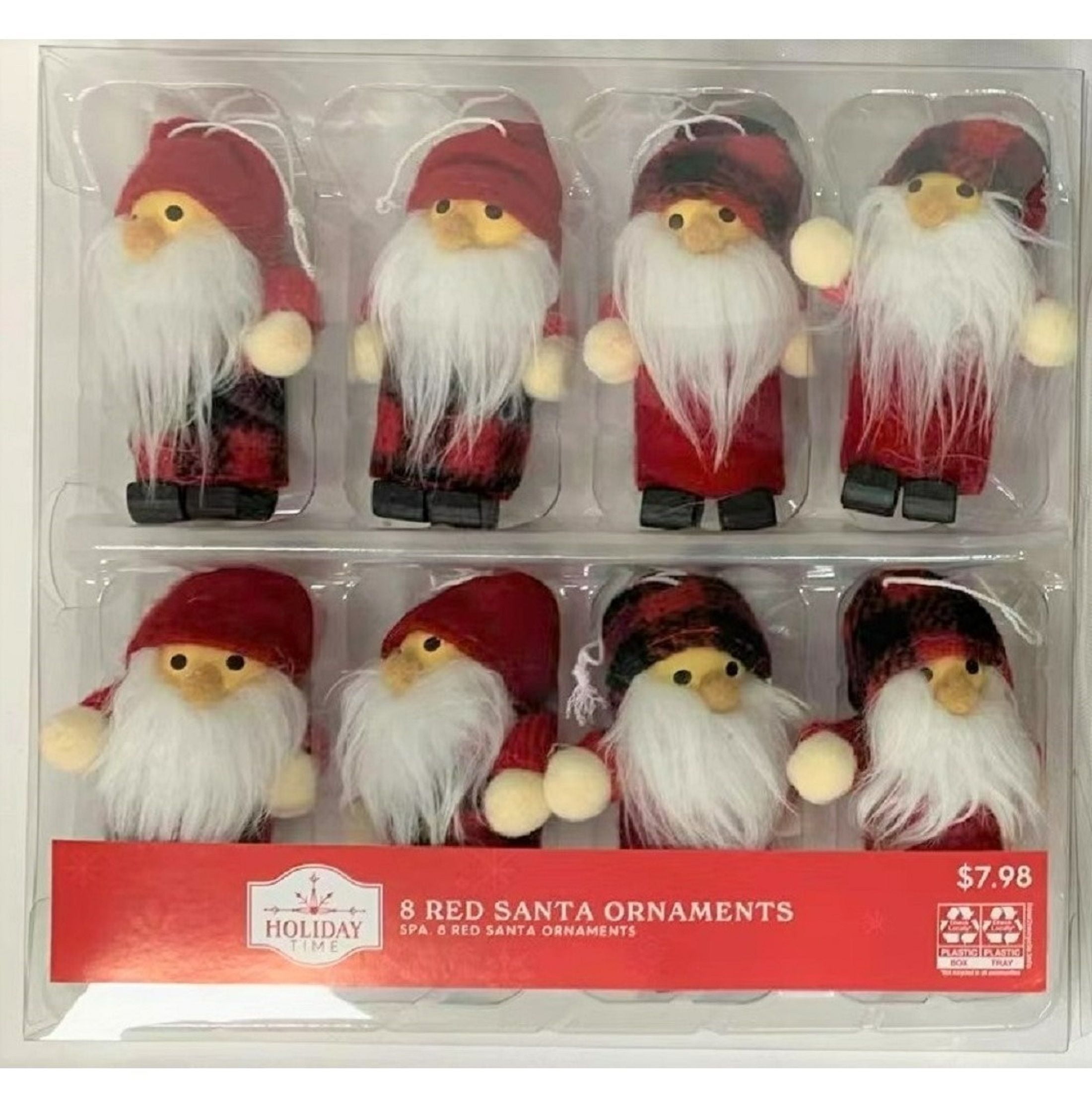 Holiday Time 8pk Red Santa Ornament. Red / White Color. Casual Traditional Theme.