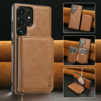 Wallet Case for Samsung Galaxy S25 Ultra Compatible with MagSafe for Men Women, Detachable Magnetic Flip Zipper Wallet with RFID Blocking Card Slots Shockproof Rugged Anti-fall Phone Case,Brown