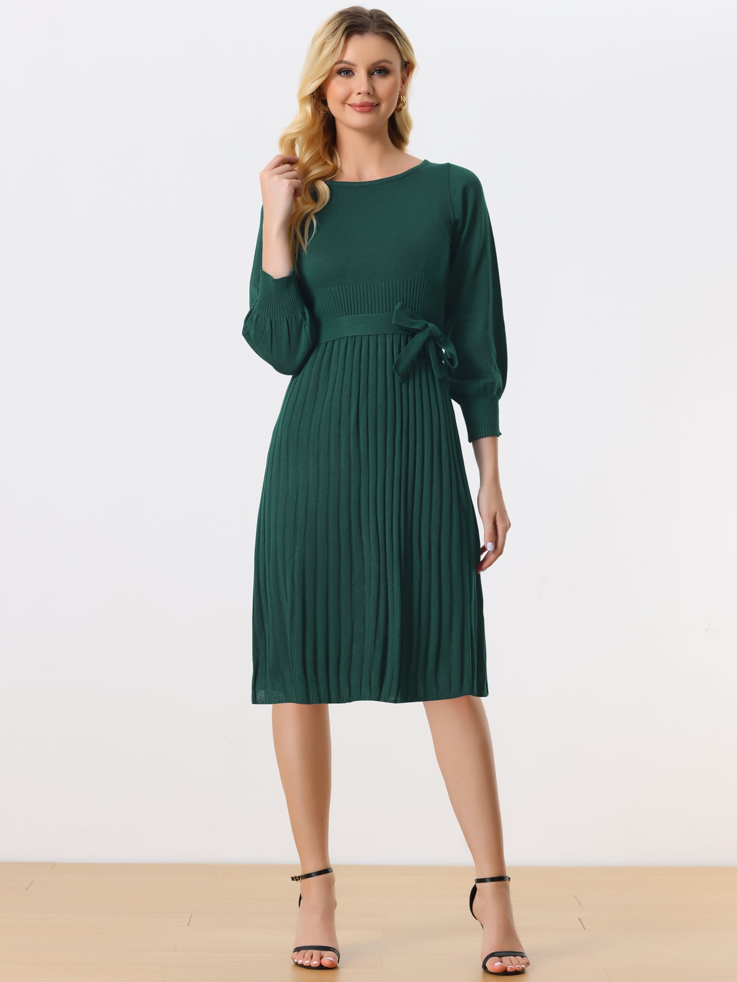 DARING DIVA Knit Belted Crew Neck Lantern Sleeves Pleated Sweater Dresse S Green